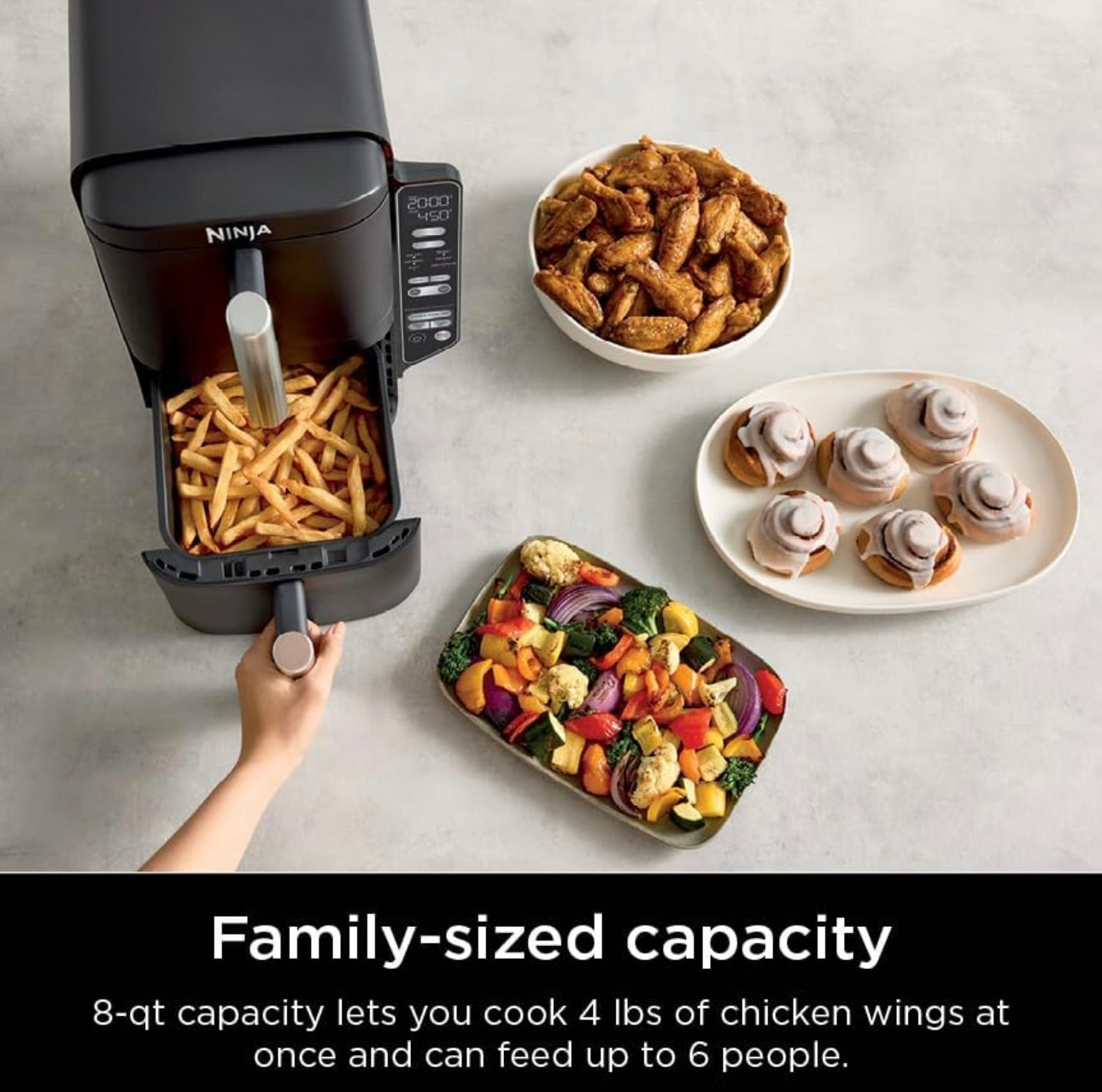 Ninja Air Fryer, 8 QT DoubleStack 2-Basket, Space Saving Design, Cooks 2lb Chicken Wings, Feeds up to 6 People, 6-in1 Air Fryer, Roast, Bake & More, Easy to Clean, Dishwasher Safe Parts, Black, SL201