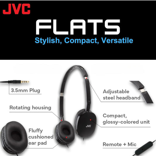 JVC Flats Oor-op-Oor Bedrade Oorfone - Plat Opvoubare Ontwerp - 30mm Drywer vir Kragtige Klank - Sagte Oorkussings vir Gemak – Staalkopband - Liggewig en Draagbaar - PC/Skootrekenaar/Spel - 3.5mm Slank Prop