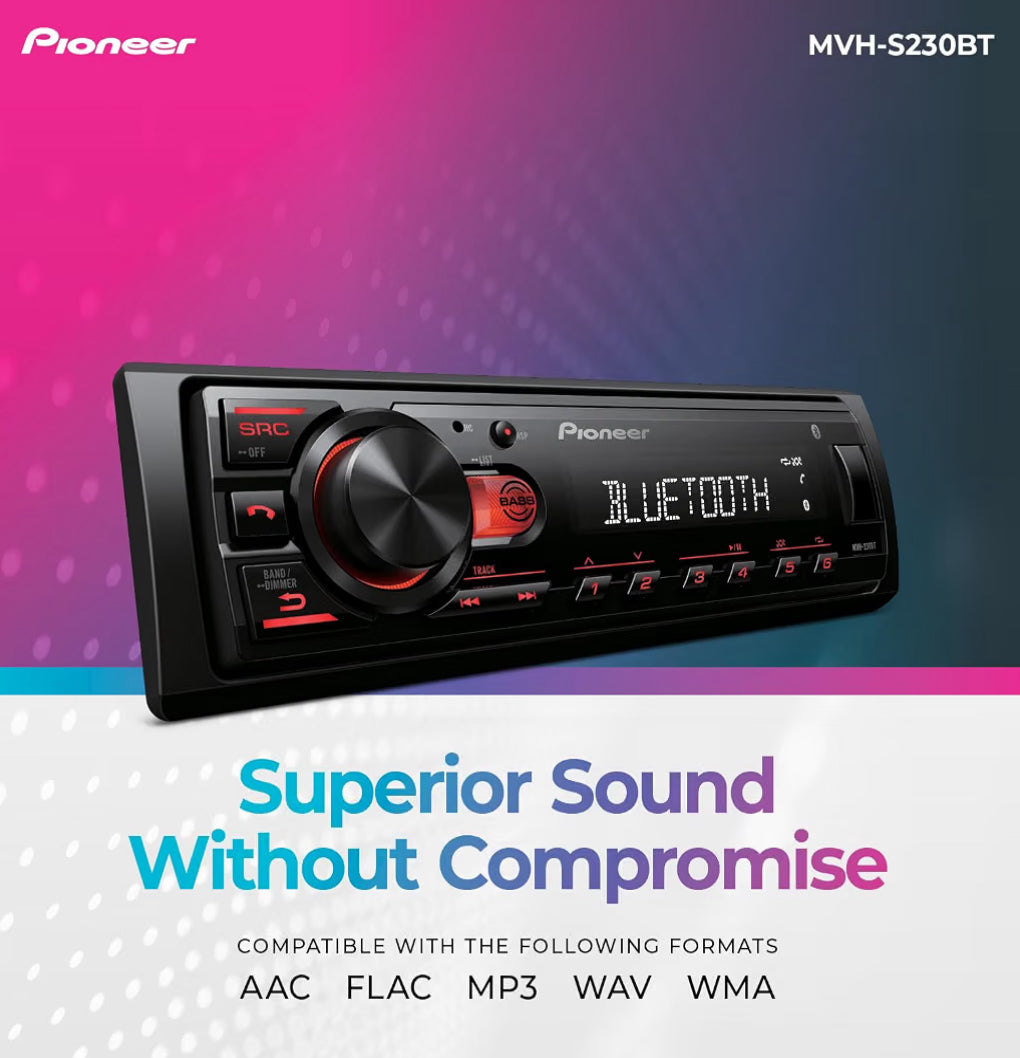 Pioneer MVH-S230BT 1-Din Car Stereo with Bluetooth, USB, AM/FM Radio
Digital Media Receiver, 50W x 4 Output, iPhone/Android Compatible, Front/SW (mono) Selectable RCA Output