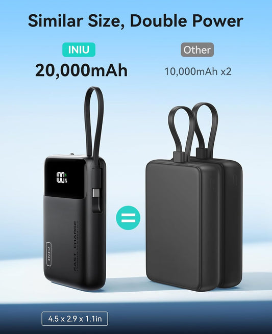 INIU 45W Draagbare Laaier, Kleinste 20000mAh Kragbank met Ingeboude USB-C Kabel, Vinnig Laaiende USB C In&Uit Battery Pak, Reisfoonlaaier vir iPhone 16 15 Samsung S25 S24 Google iPad ens.