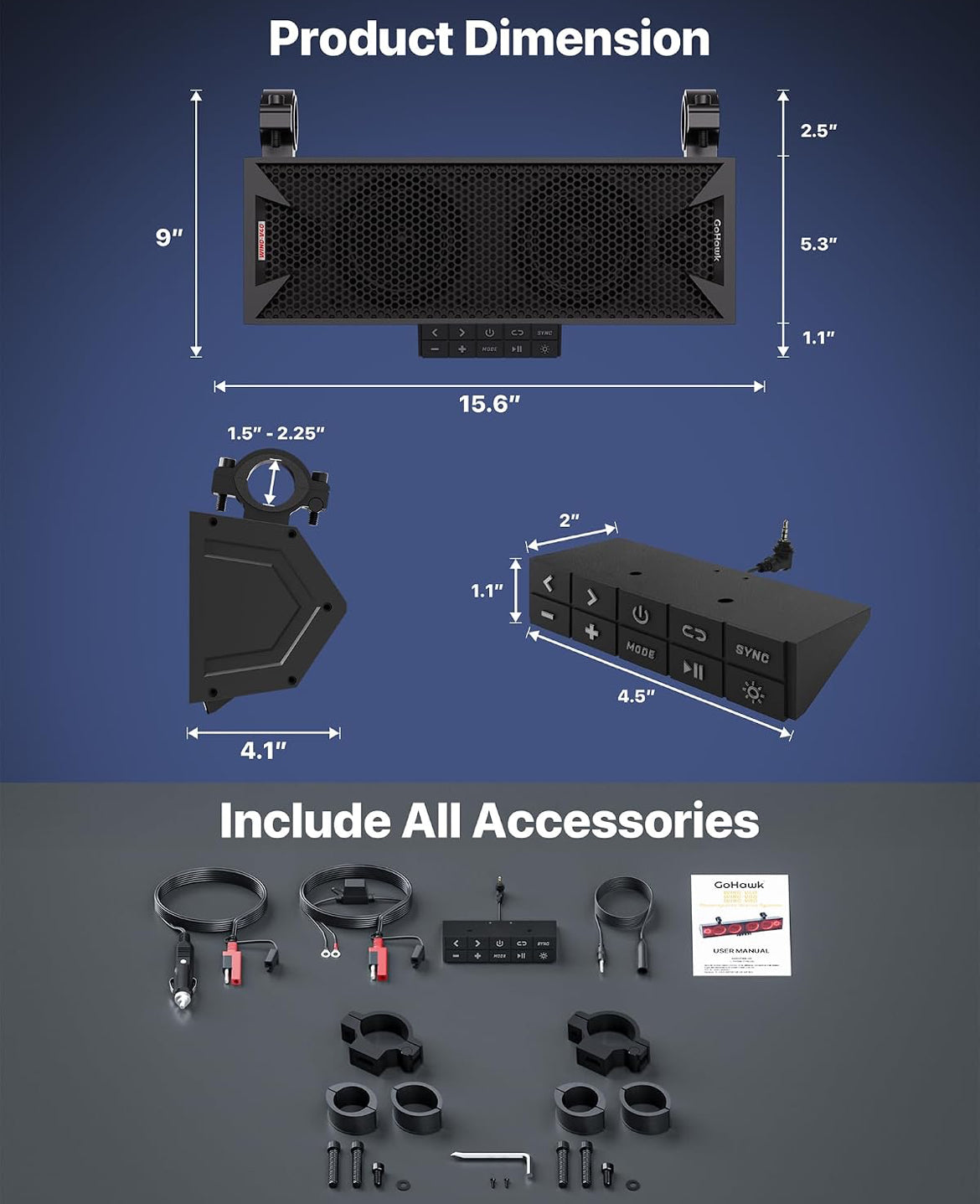 15" UTV Sound Bar w/ Bluetooth, IP66 Waterproof ATV Soundbar 300W Peak Power, Sync Mode, FM Radio/USB/AUX, Detachable Remote