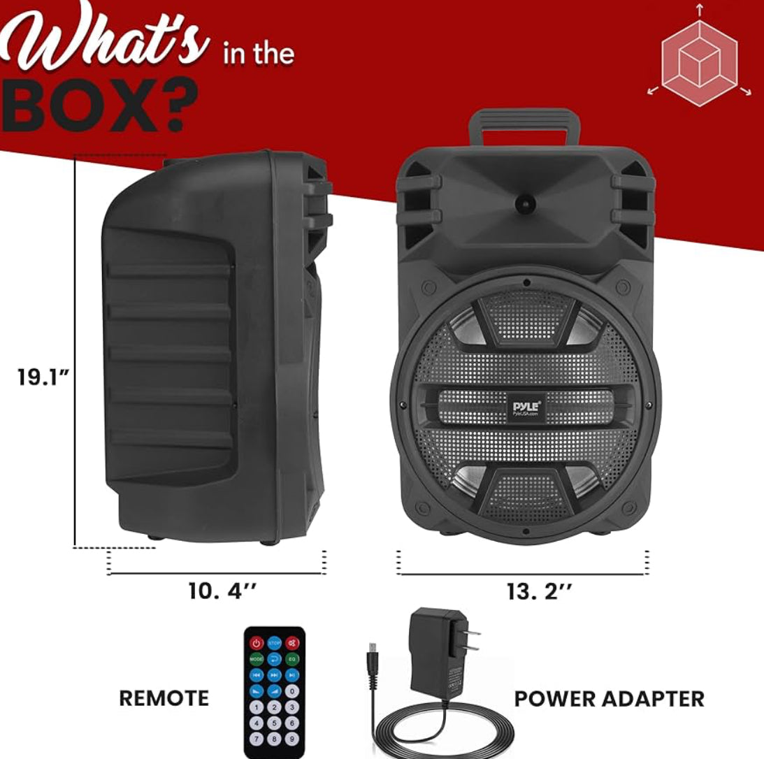 Portable Bluetooth Speaker System 12'' 800 Watts w/ Latest DJ LED Lights, USB/FM/BT/Aux/Remote Control/Mic Inputs & Built-in Rechargeable Battery