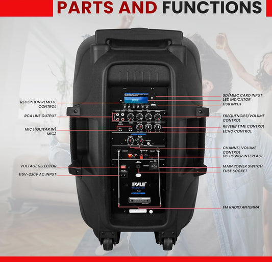 Draagbare 15" 1600 Watt Bluetooth PA-luidspreker - Binne- / buiteklankstelsel met (2) UHF Draadlose Mikrofone, Herlaaibare Battery, Oudio-opname, USB/SD-lesers, FM-radio