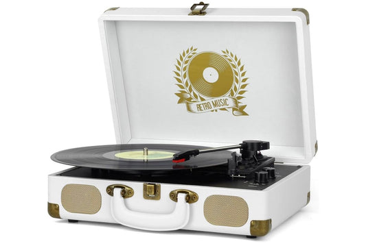 Platenspeler Bluetooth Platespeler 3-Spoed Tas Draagbare Vintage Bandgedrewe Vinielplatenspeler met Ingeboude Luidsprekers RCA Lynuitgang AUX - (Wit)