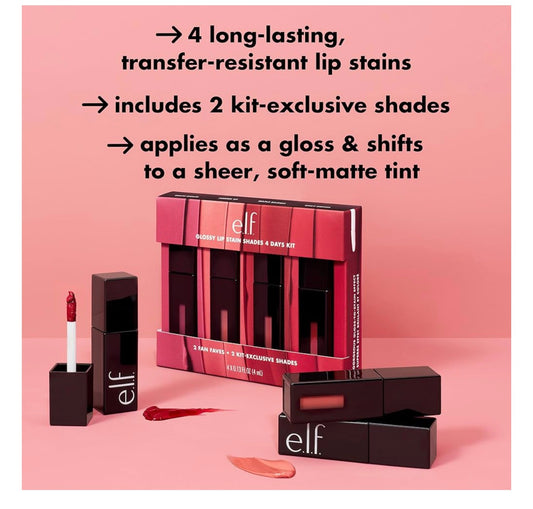 e.l.f. Glossy Lip Stain Shades 4 Days Kit, Langdurige Lipstiffies Vir 'n Deurskynende Skakering Kleur & Subtiele Glansafwerking - Vegan & Wreedheidvry (4 Skakerings)
