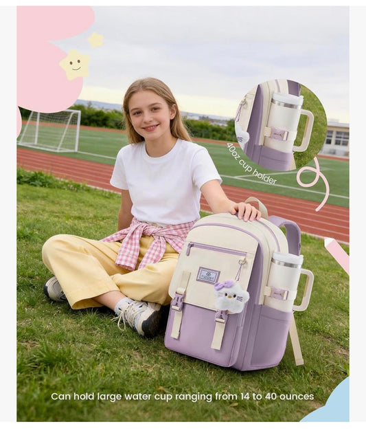 Skoolrugsak 15.6" Waterbestande Terug-skool-toe Rugsakke, Oulike Kind Boeksak Met Sjarme, Groot Kollege Reis dagsak - (Laventel & Room)