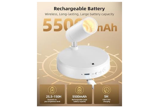 Kolligte Binnenshuis, 5500mAh Herlaaibare Skilderyligte met Afstandbeheer, Draadlose Mini-Kunskolligte met Tyder & Verstelbare Opwaartse Lig Binnenshuis vir Plante, Uitstalling (2pk - Wit)