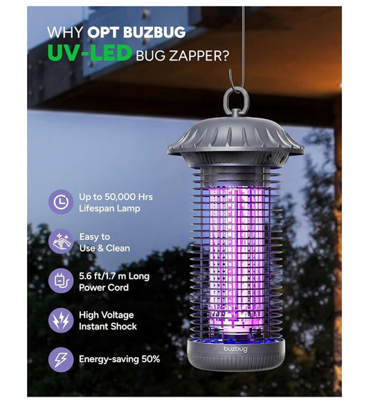LED Insekmorder Binne Buite, Tot 50 000 Uur Lewensduur Lamp, Energiebesparing & Dubbelband Aantrekking, 1.7 m Kragkabel, Hoogspanning Muskietvliegmorder Lokval Doder - (Tin)