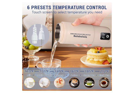 Reis-elektriese ketel, draagbare waterverwarmer met 6 veranderlike voorafinstellings, klein met warmhou-temperatuurkontroles en droogkookbeskerming 400 ml - (Wit)