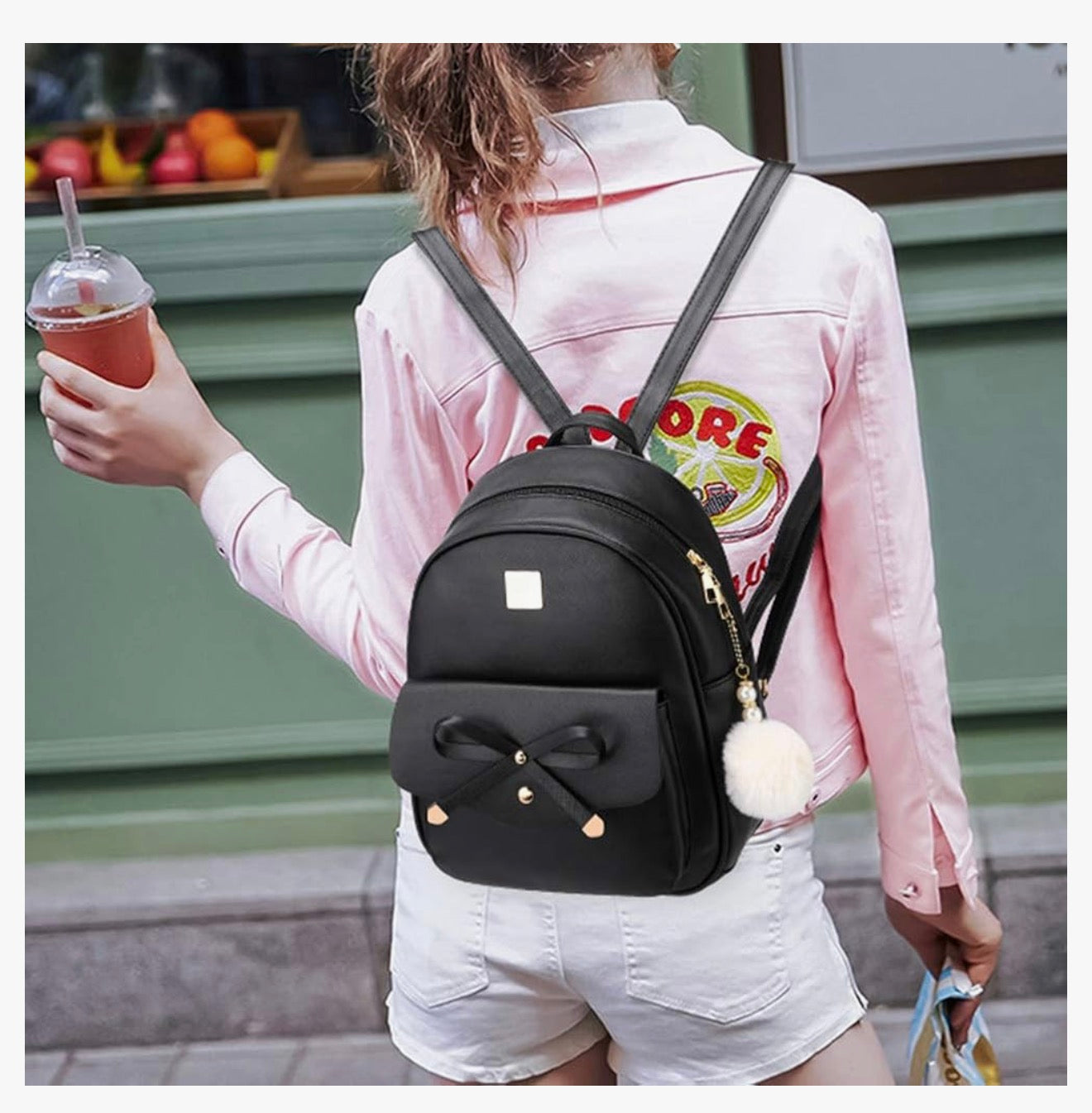 iGirls Strikkie 3-Stukke Mode Leer Rugsak Rugsakhandsak vir Vroue, Rucksack vir Dames Skouersak - (Pers)