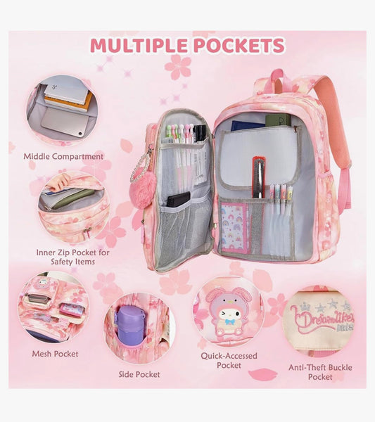Kids Sets Backpack 17" for Girls, Cartoon School Bag for Elementary Middle School Students Book Bag with Lunch Box & Pencil Case - (Pink