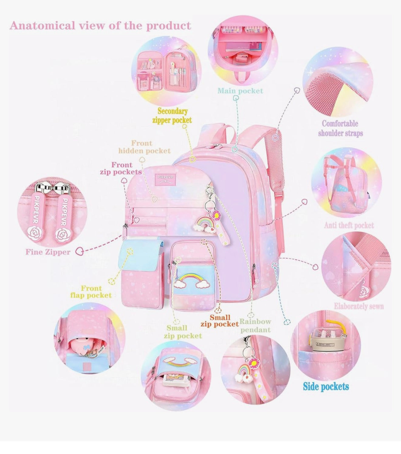 Rainbow Backpack For Girls Kids, Cute Student School Backpack With Pen Bag, Laptop Travel Bag (Blue)
