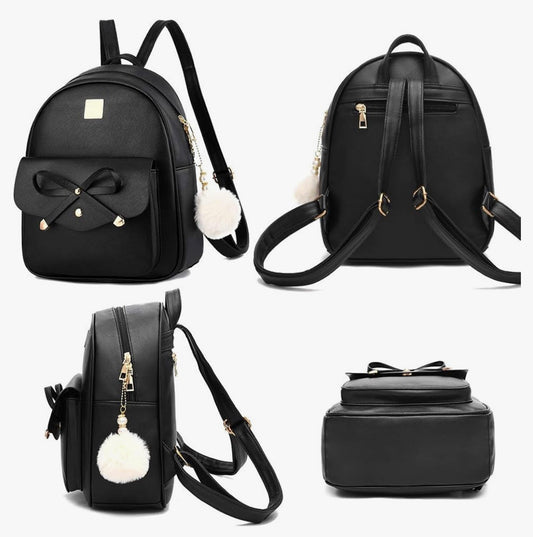iGirls Strikkie 3-Stukke Mode Leer Rugsak Rugsakhandsak vir Vroue, Rucksack vir Dames Skouersak - (Pers)