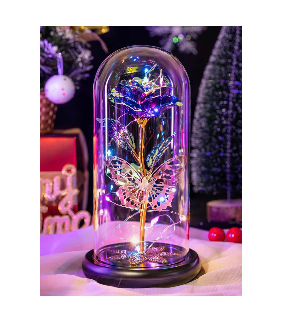 Preserved Crystal Roses in Glass Dome LED Lights w/ Butterfly - (Purple)