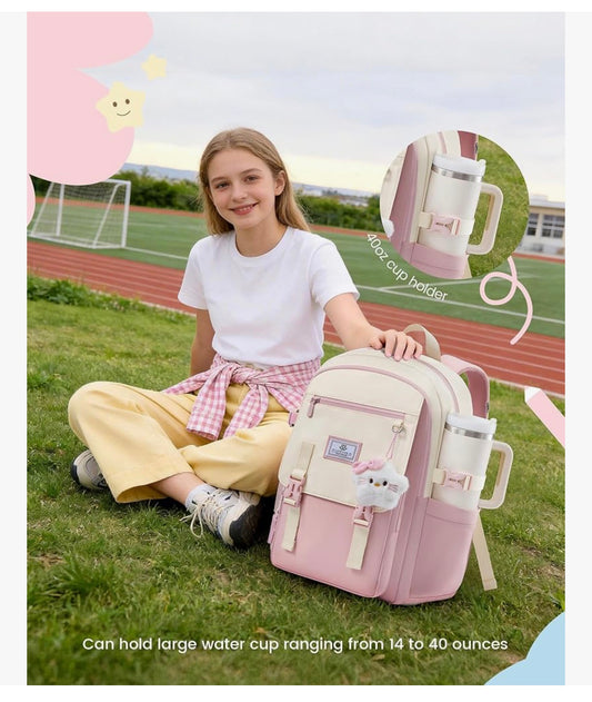 Skoolrugsak 15.6" Waterbestande Terug-skool-toe-rugsakke, Oulike Kind Boeksak Met Sjarme, Groot Kollege Reisdagpak - (Pienk & Room)