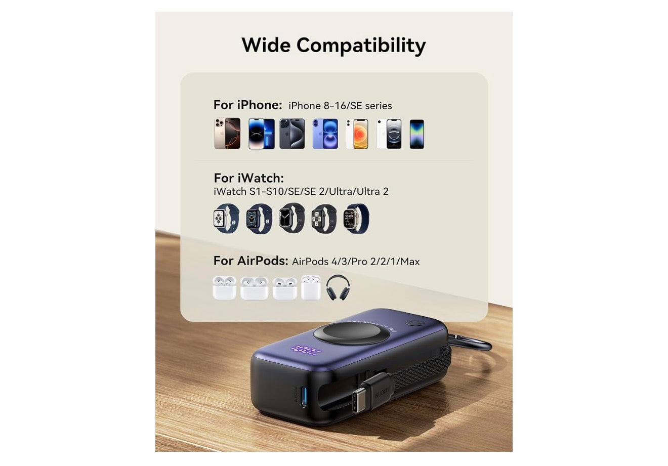 INIU 20W SnapGo Portable Charger, 5000mAh Mini Power Bank for Apple Watch 20W Fast Charging, Travel Keychain, Built-in USB-C Cable, Flight-Safe, Battery Pack for Apple Watch, iPhone 17 etc, Blue