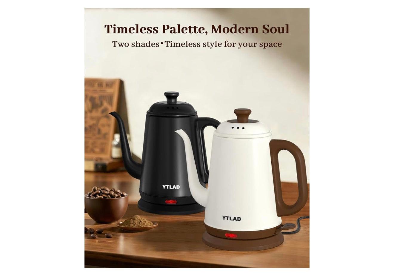 Elektriese Ketel 1L, 1000W Vinnige Kook vir Oorgietkoffie & Tee, Vlekvrye Staal BPA-vry, Presiese Vloeituit, Outo-afskakeling & Droogkookbeskerming Retrostyl (Wit)