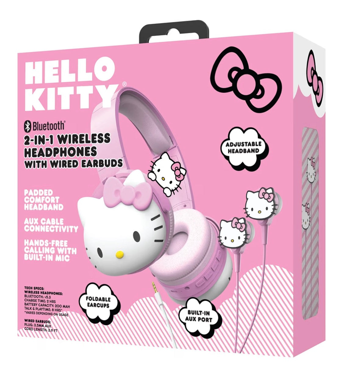 Hello Kitty 2-in-1 Wireless Bluetooth Headphones with Wired Earbuds – Foldable Over-Ear Headset with Built-in Mic, AUX Cable, Adjustable Headband, and Onboard Controls – Pink