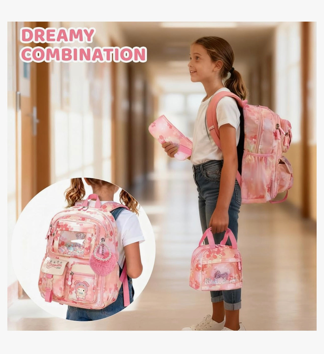Kinderstelle Rugsak 17" vir Dogters, Spotprent Skooltas vir Laerskool Middelbare Skool Studente Boekentas met Kosblik & Potloodsakkie - (Pienk