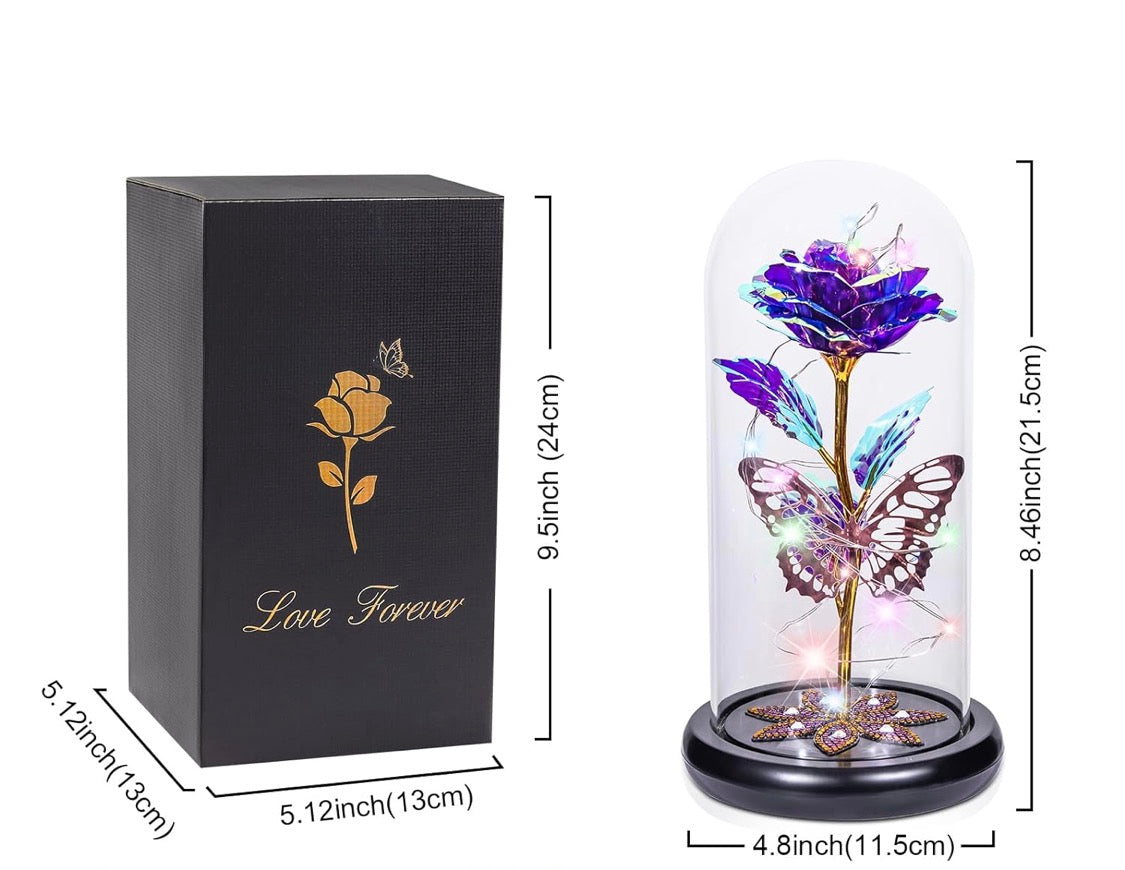 Pink - Preserved Crystal Roses in Glass Dome LED Lights w/ Butterfly