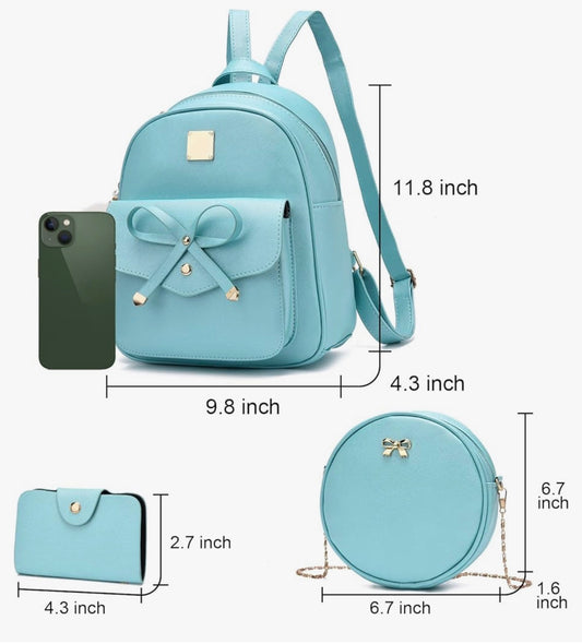 iGirls Bowknot 3-Stukke Mode Leer Rugsak Rugsakhandsak vir Vroue Ruksak vir Dames Skouersak - (Pêrel B)