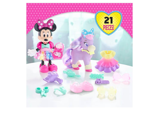 Disney Junior Minnie Muis Versorgings- en Glansponiestel, Posisioneerbare 21-stuk Pop- en Bykomstighedestel, Kinderspeelgoed vir Ouderdomme 3+