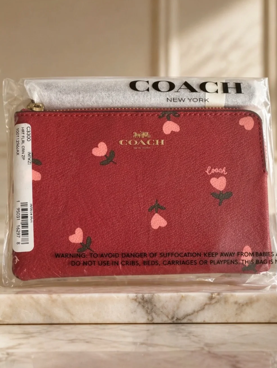 Coach Heart Floral Print Corner Zip Wristlet Wine Multi Leather Wallet