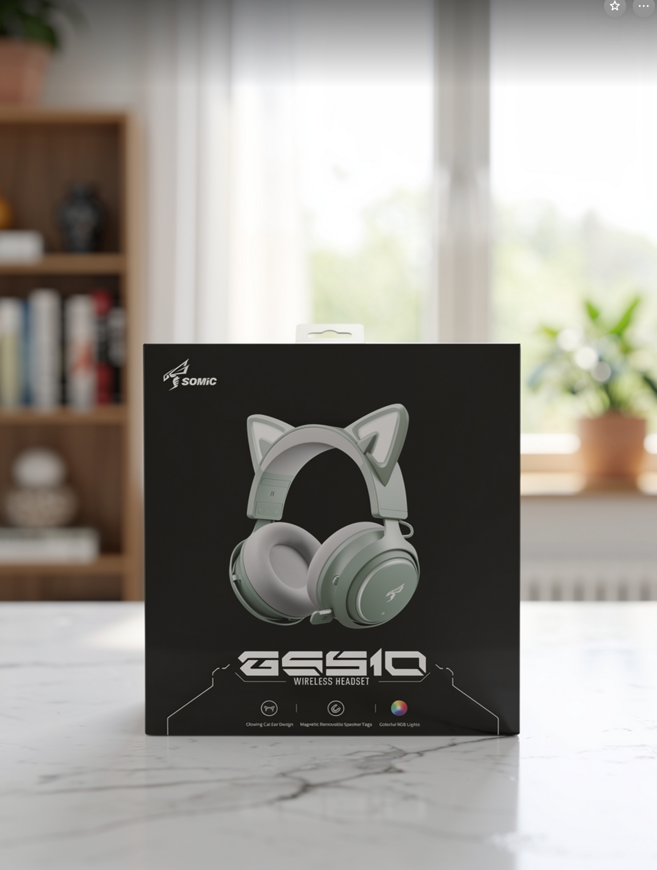 Wireless Cat Ear Headphones Gaming Headset Bluetooth 5.0 for Smartphone Retractable Mic 50mm Drivers RGB Lighting Headset with Mic (USB Dongle Not Included) - (SAGE GREEN)
