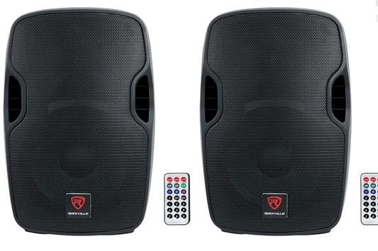 (2) Rockville BPA12 12"Powered Active DJ PA Speaker with Bluetooth, USB, SD, FM Radio, LCD, Stand Mountable, for Events and Performances