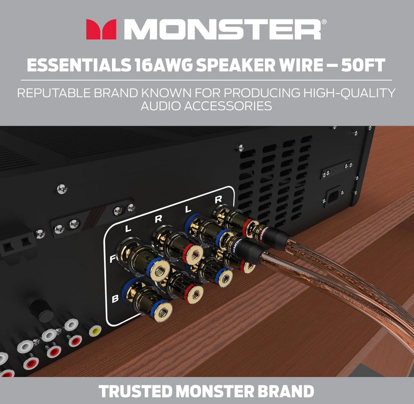 Monster 16 AWG Luidsprekerkabel Gevorderde Werkverrigting Luidsprekerkabel 50 VT Rol, Oudioluidsprekerkabel met Polariteitsmerke, vir Tuisbioskoop, Motoroudio, en Buite Luidsprekerbedrading - Maklik om te Strip en te Installeer Luidsprekerkabels
