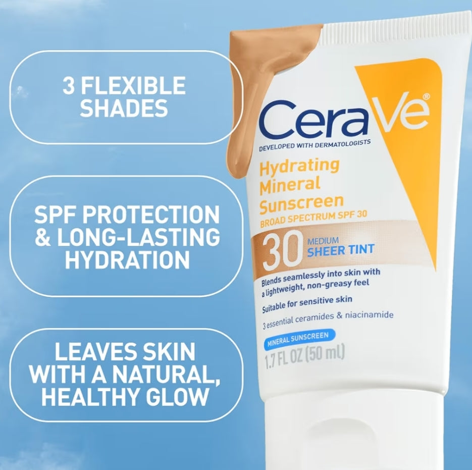 CeraVe Hydrating Mineral Sunscreen SPF 30 Getinte Minerale Sonskerm Meng Naatloos vir Gesonde Gloed, Medium (1.7 Vloeistof Onse)