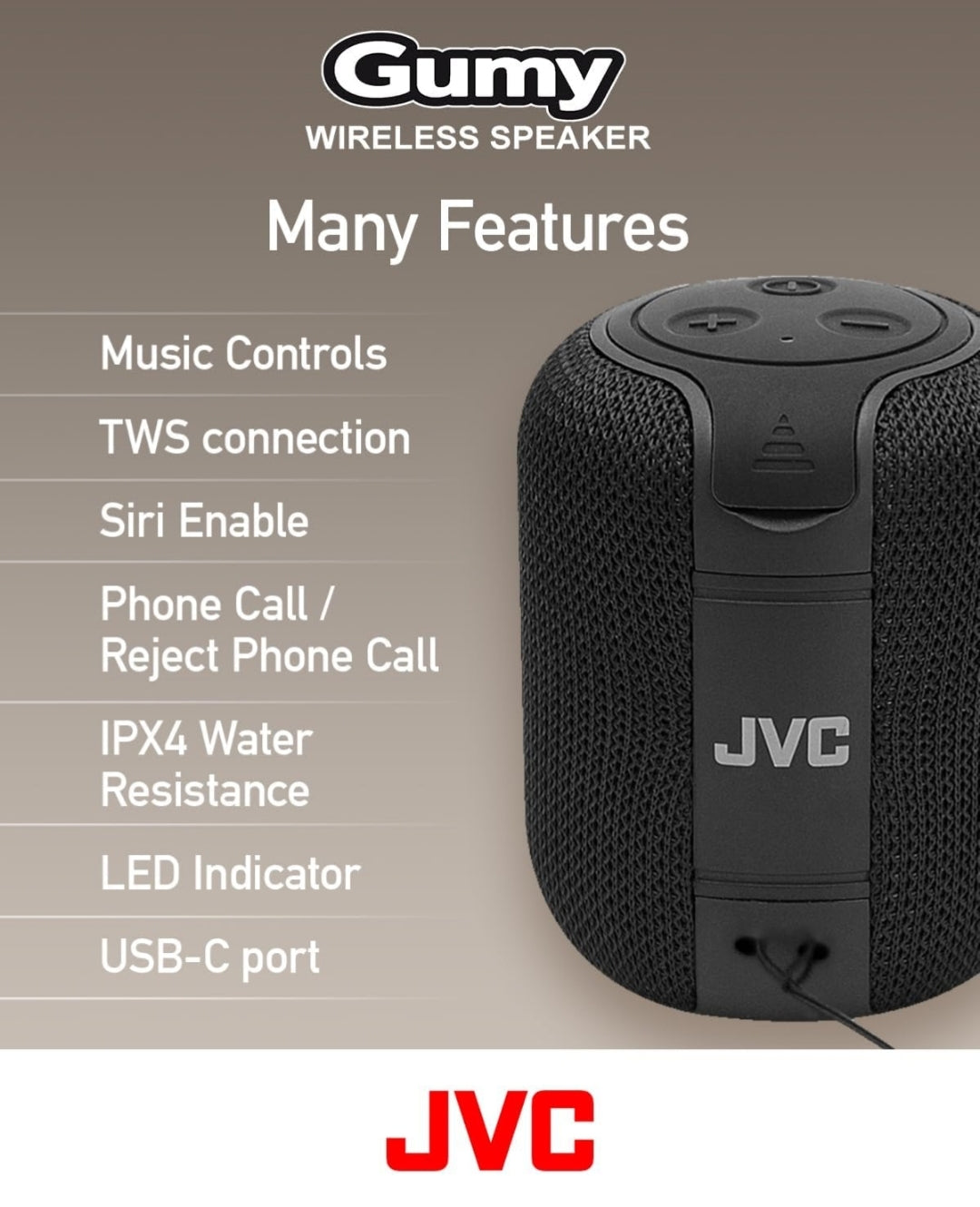 JVC Draagbare Gumy Koordlose Luidspreker met Omringklank, Bluetooth 5.3, Liggewig, TWS-vermoë, USB-C, tot 15-uur Batterylewe - SPSG1BTA (Blou)