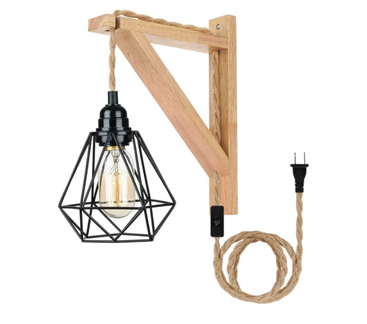 Hanglampe wat by Muurprop Insteek - Rustieke Muurgemonteerde Lamp met Houthakbeugel en Skakelaar