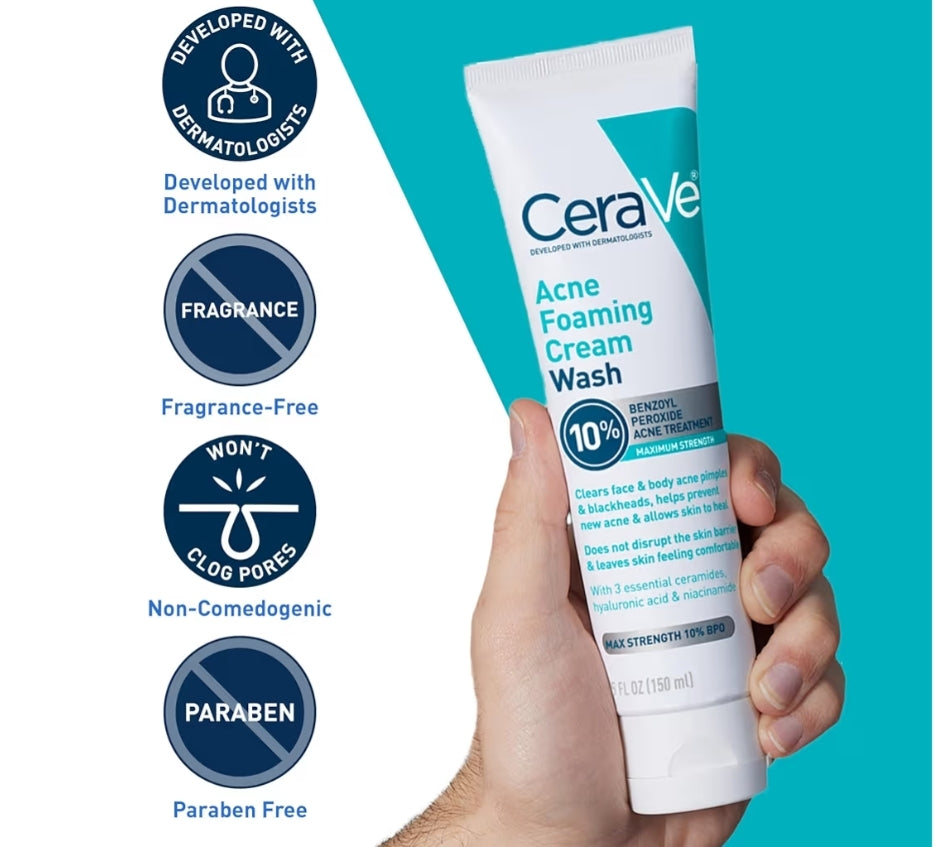 CeraVe Aknee-skuimroomwas, Sagte Gesig- en Liggaamsreiniger met Benseenperoksied 10%, Hialuronzuur en Niasinamied (142 g)