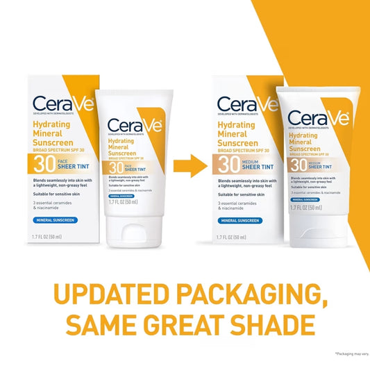 CeraVe Hydrating Mineral Sunscreen SPF 30 Getinte Minerale Sonskerm Meng Naatloos vir Gesonde Gloed, Medium (1.7 Vloeistof Onse)