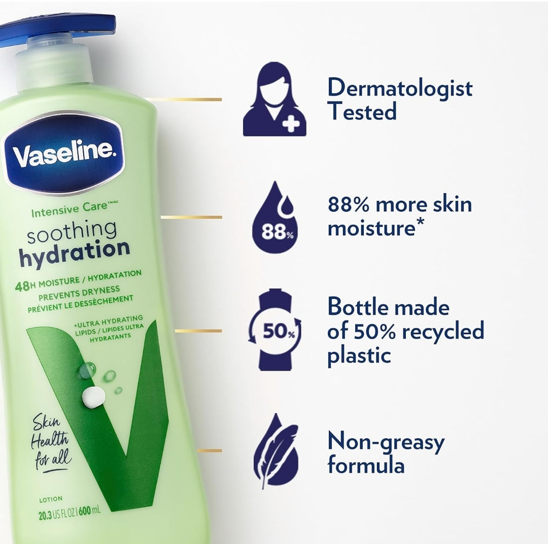 Vaseline Intensive Care Body Lotion Soothing Hydration for Dry Skin with Ultra-Hydrating Lipids + 1% Aloe Vera Extract to Refresh Dehydrated Skin 20.3 oz