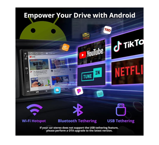 7" Dubbel-DIN Kar Stereo, Draadlose CarPlay & Android Auto raakskerm, Wi-Fi/BT/USB-ankering, Bluetooth, 24B-EQ DSP, MirrorLink, GPS/SWC/FM/AM, AI Chat