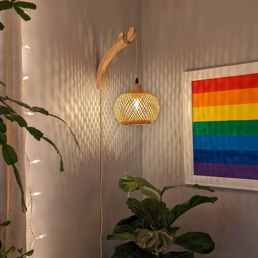 Bamboes Rotting Muurkandelaarstel van Twee Inprop-lamp met Inpropkoord, Beligtingstoebehore met 9.84FT Aan/Af-skakelaarskoord