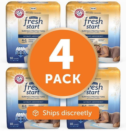 FitRight Fresh Start Weggooibare Onderleggers Absorberend met Reukbeheer Krag van ARM & HAMMER (10 STK Pak van 4)