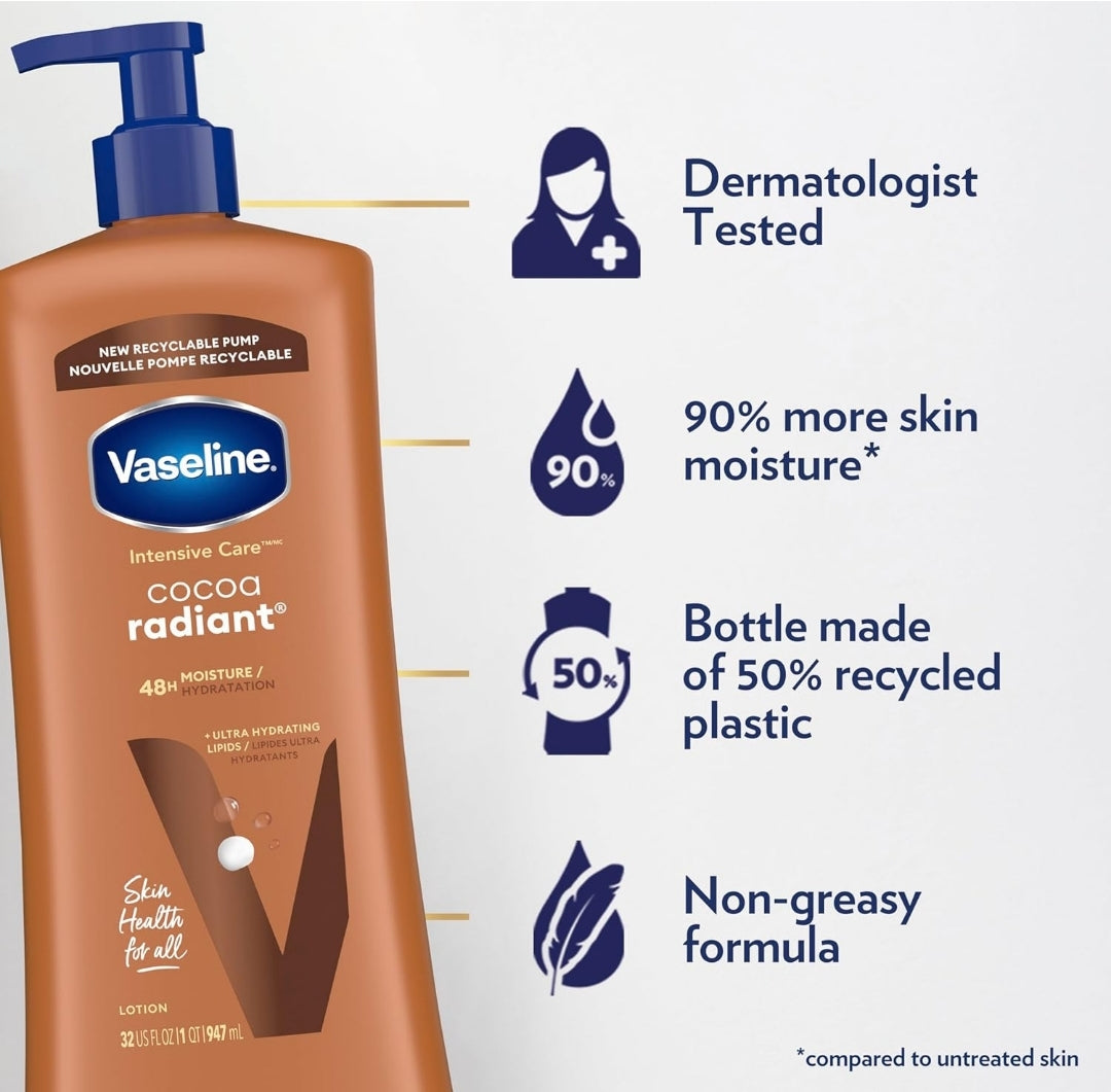Vaseline Intensive Care Body Lotion Cocoa Radiant for Dry Skin Lotion Made with Ultra-Hydrating Lipids and Pure Cocoa Butter for a Long-Lasting, Radiant Glow 32 Oz