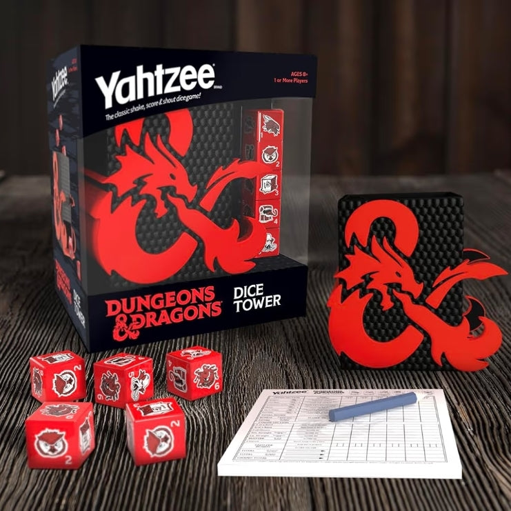 YAHTZEE: Dungeons & Dragons | Collectible Dice Tower | Dice Featuring Dragon, Owl Bear, Gelatinous Cube, Mimic, Mind Flayer, and Beholder