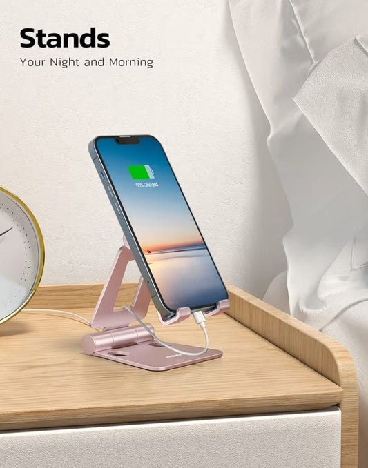 Dual Folding Fully Adjustable Foldable Phone Cradle Dock Compatible w/ iPhone 11-17 Pro Max Xs Xr X 8, Nintendo Switch, All Phones - (Rose Gold)