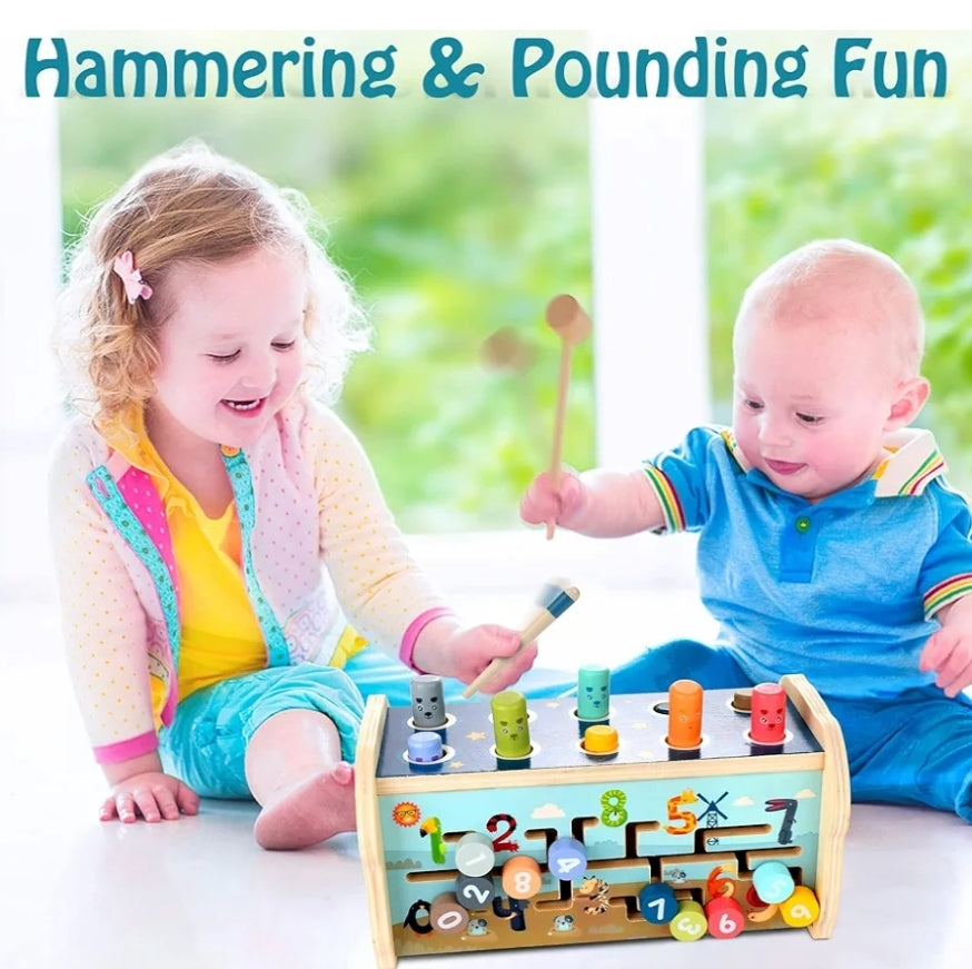 Pounding Bench Educational Toy Wooden Hammering & Activity Board w/ Xylophone, Number Maze