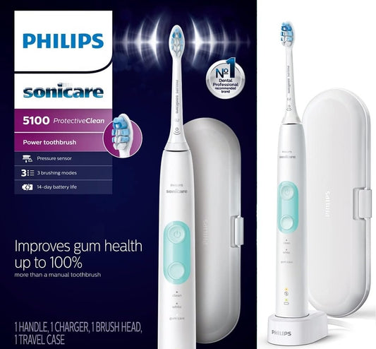 Philips Sonicare ProtectiveClean 5100 Elektriese Herlaaibare Tandeborsel met Egte Philips Sonicare Optimale Tandvleisgesondheid Vervangende Tandeborselkoppe, Wit 3-pak