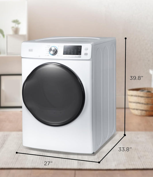 BLACK+DECKER 8.0 Kub. Vt. Elektriese Voorlaai Droër met Stoom, Klere Droër met LED Skerm, 12 Sikluskeuses, ENERGY STAR, 240V Masjien Vereis Professionele Installasie, BFLD80ME, Wit