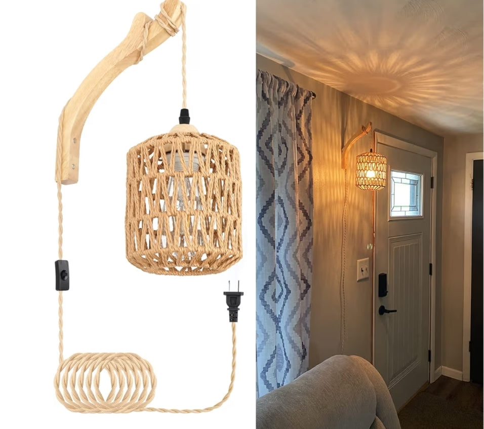 Rietmuurlamp met Propkoord Handgeweefde Muurligte Papierkoord Muurgemonteerde Lig Boho Muurverligting