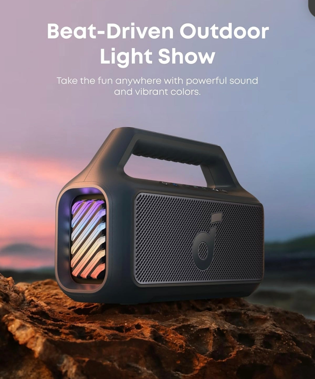 Soundcore Boom 2 By Anker, Outdoor Speaker, 80W, Subwoofer, BassUp 2.0, 24H Playtime, IPX7 Waterproof, Floatable, RGB Lights, USB-C, Custom EQ, Bluetooth 5.3, Portable for Camping, Beach, and Backyard