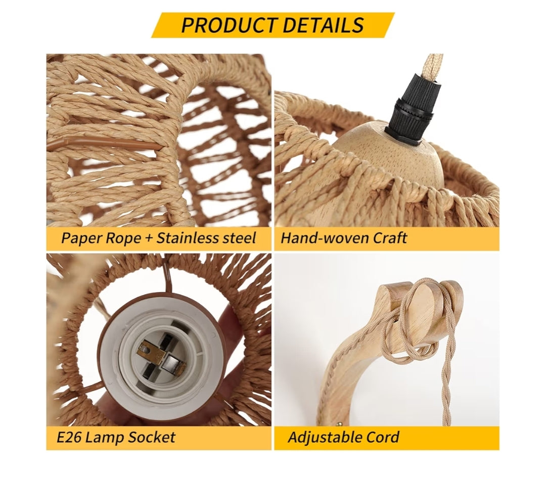 Rattan-muurlamp m/proppie-kabel, handgeweefde proppie-muurkandelare, papierkabel-muurlamp gemonteer