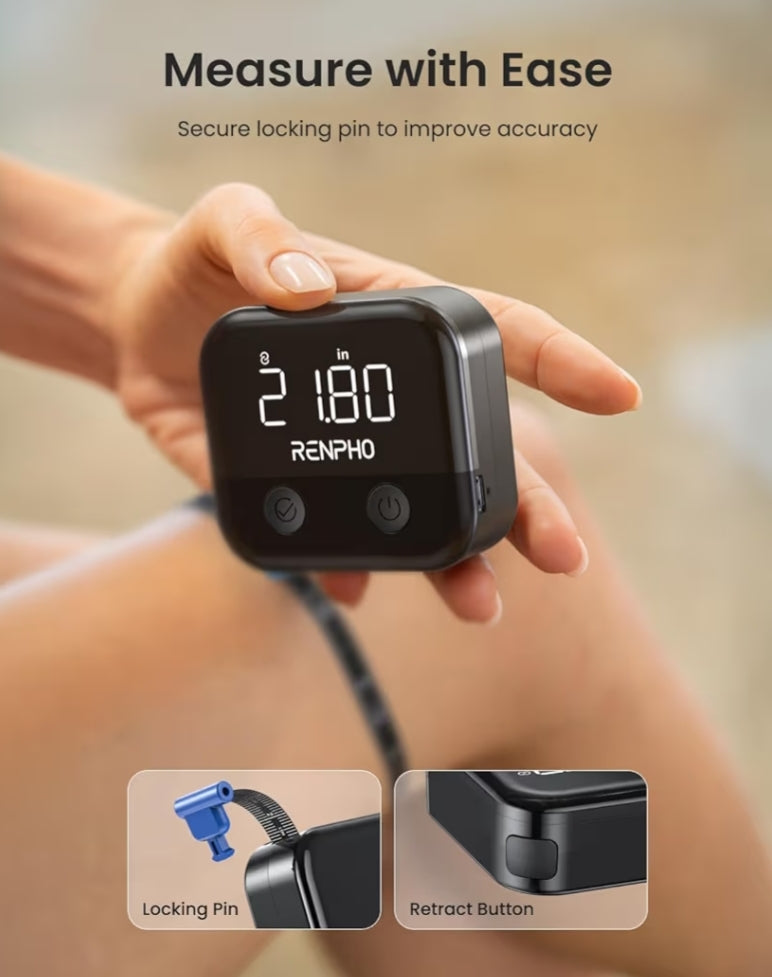 Smart Body Measuring Tape, Rechargeable Tape Measure w/ LED Display with App for Weight Loss & Fitness Shape, Retractable, 60in /150cm (Black)