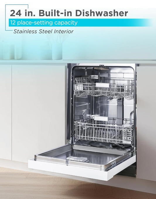 BLACK+DECKER 24" Ingeboude Skottelgoedwasser, 12-Plek Instelling Kapasiteit met Vlekvrye Staal Bad, Skottelgoedwasser met 5 Wasprogramme en Slim Wasiklus, ENERGY STAR Gesertifiseer, BDW100MW, Wit